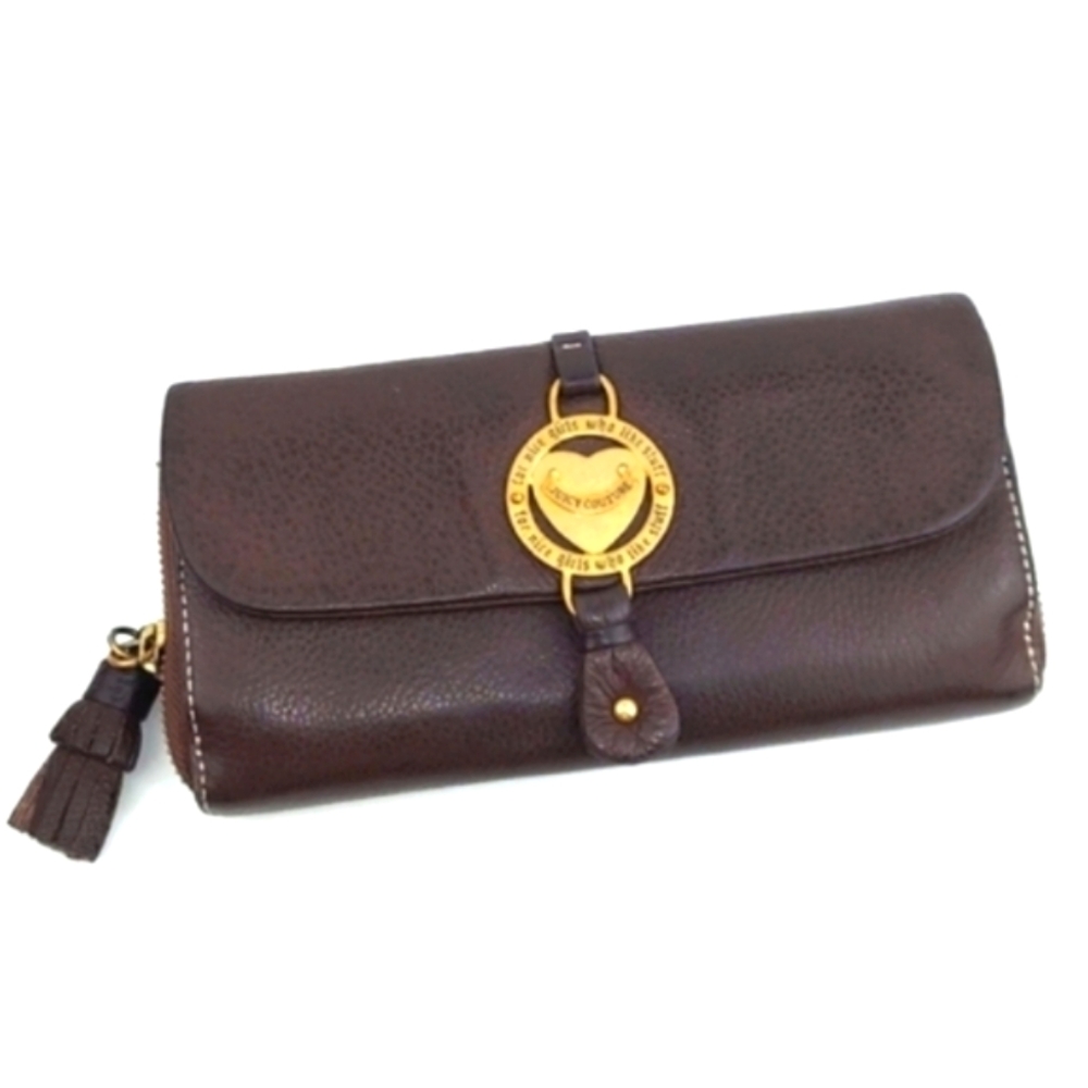 Juicy Couture Vintage Leather Tassel Zip-Around Double Clutch Large Brown Wallet